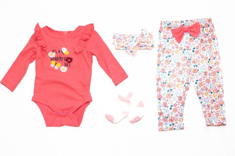 Pink Flower Embroidery Bodysuits &amp; Leggings 4 Piece Set