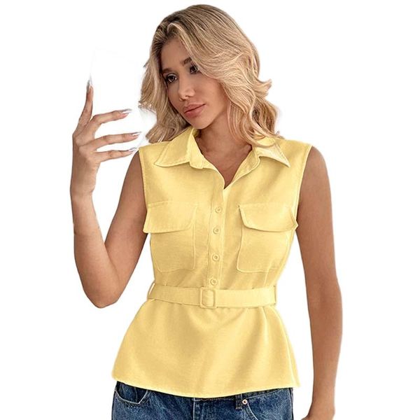 New Style Fitted Waist Shirt Collar Cardigan Yellow Sleeveless Top