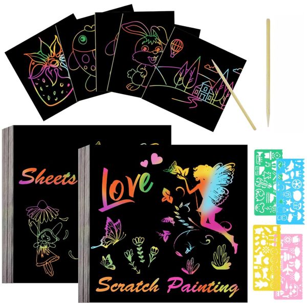100 Kids' Rainbow Scratch Sheets, 2 Wooden Styluses, 4 Stencils, 8.5cm