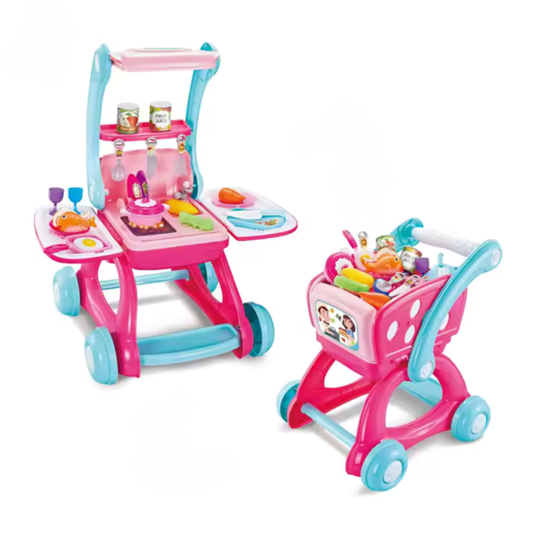 2-in-1 Pretend Play Kitchen &amp; Shopping Cart with Light &amp; Sound