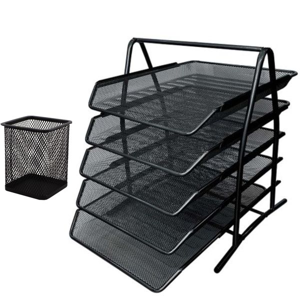 5-Tier Document Organiser Tray &amp; Square Mesh Stationary Cup