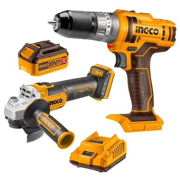 Ingco - Cordless Impact Drill &amp; Angle Grinder with 4.0Ah Battery &amp; Charger