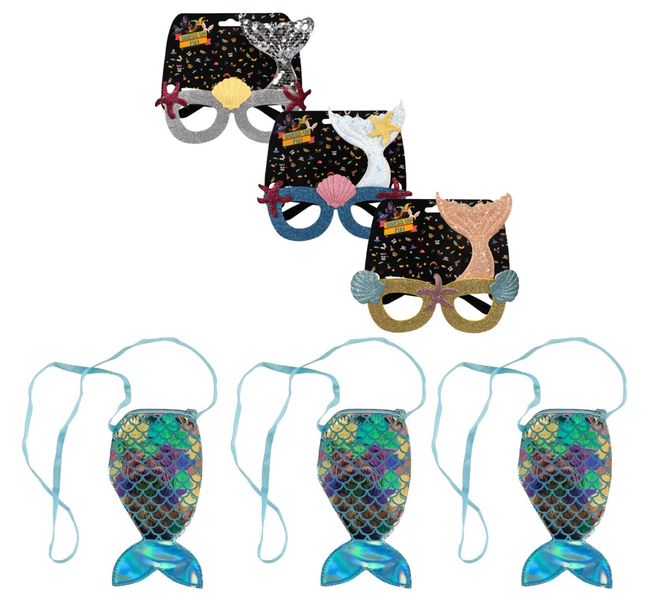 Kids Mermaid Dress-up Party Glasses &amp; Mermaid Tail Handbags 6 Piece