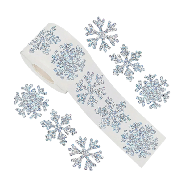 500-Piece Glitter Holographic Snowflake Sticker Roll - Silver