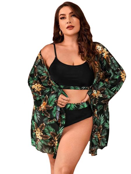 Women's Plus Size 3-Piece Bikini Set Tropical Beach Coverup Kimono Swimwear