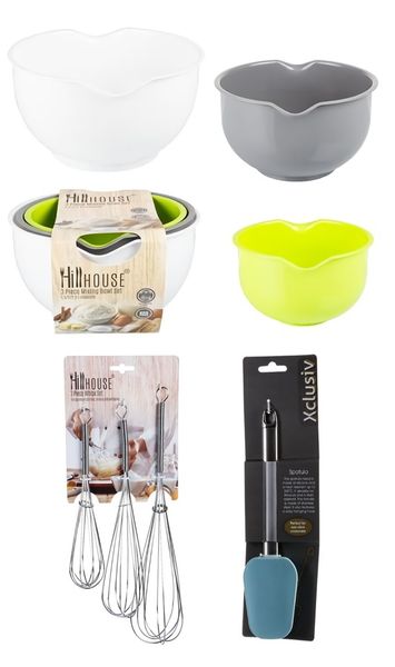 3pc Mixing Bowls Set Plastic 1.5l/2l/2.5l + 3pc Whisk 30, 25 &amp; 20cm 3pce + Silicone Spatula