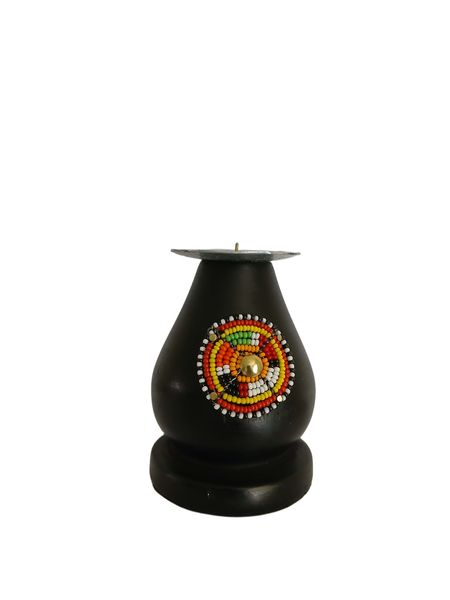 Black Wood, Metal Cylindrical Polished Candle Holder