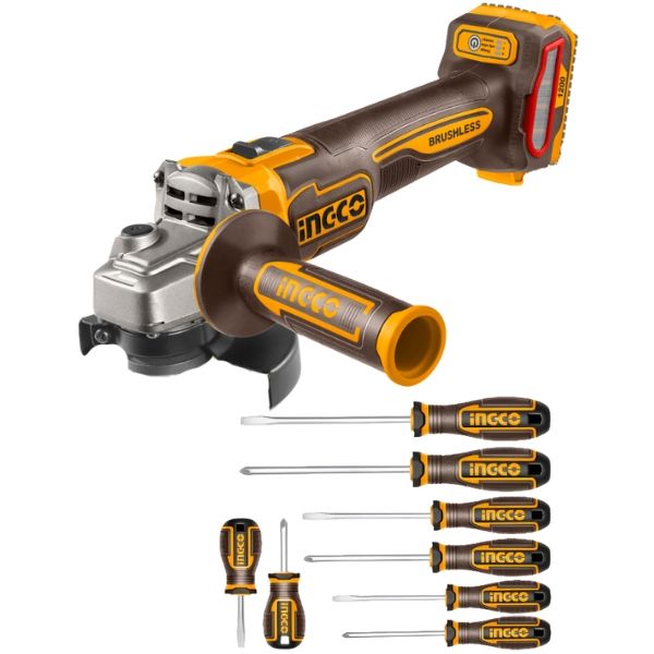 Ingco - Cordless Angle Grinder (20V) - Tool Only with 8Pce ScrewdriverSet