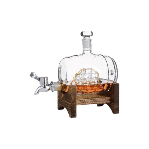 Crystal Ship In Barrel Dispenser With a Wooden Stand 1.L