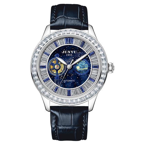 Starry Night Fantasy Men Mechanical Watch Casual Belt Wristwatch - Blue