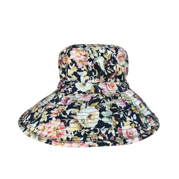 Womens Extra Wide Brim Bucket Sun Hat Navy Floral Flowers