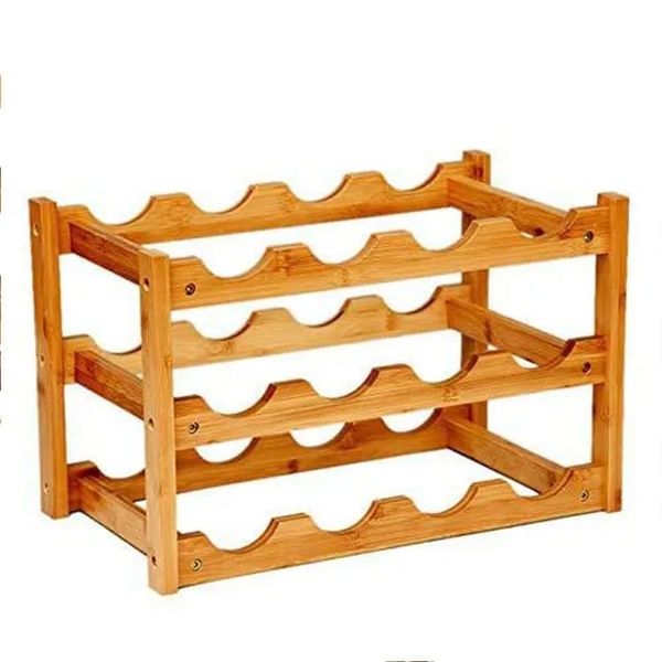 Natural Bamboo 12 Bottle Free Standing Storage 3 Tier Wooden Wine Rack