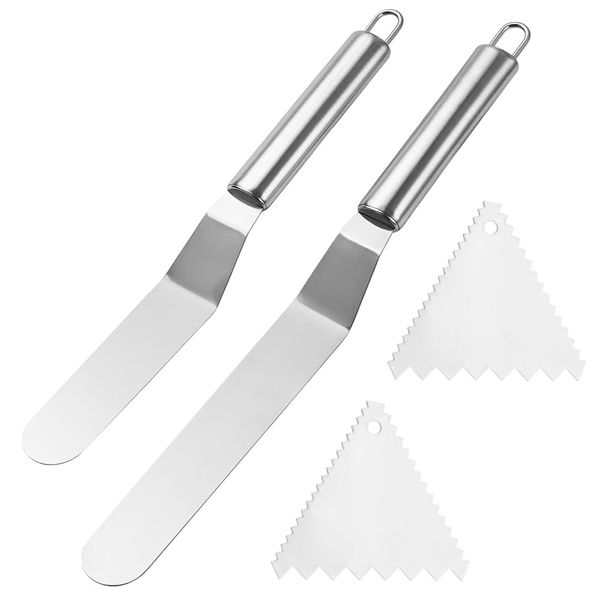 Cake Knife Set, Stainless Steel Angled Palette Knife, 4-Piece with Scrapers