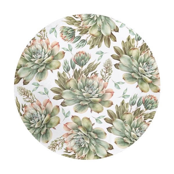 Beautiful Succulents On White Round Tablecloth
