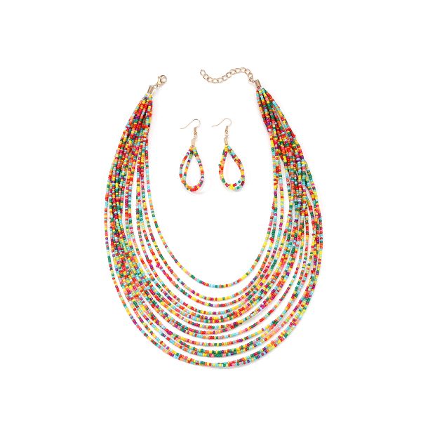 Bohemian Multi-Layered Beaded Necklace &amp; Earring Set-colorful
