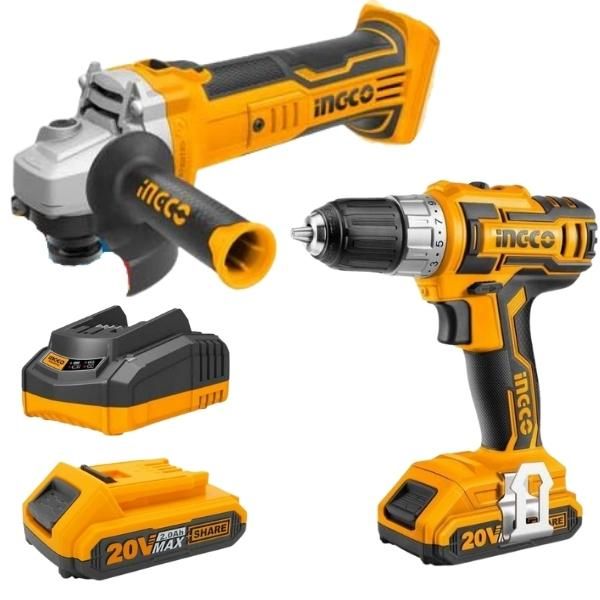 Ingco - Cordless Drill, Angle Grinder, 2 x Battery and 1 x Charger