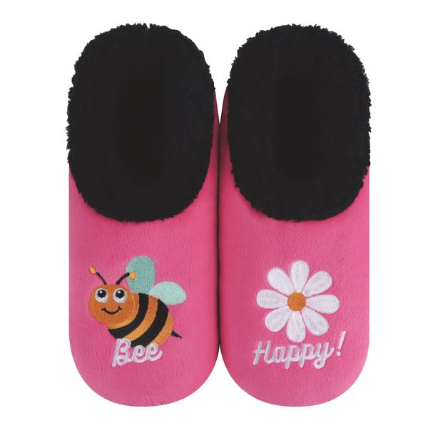 Snoozies Womens Fleece Slippers Bee Happy - Soft Non-Skid Sole