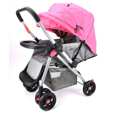 Baneen Baby Stroller Pram W Foot Rest and Reversible Handle Pink Grey