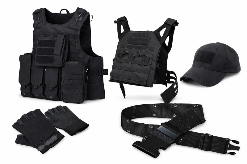 Tactical Military Style Vest Gloves Belt Cap and Plate Carrier Vest Combo