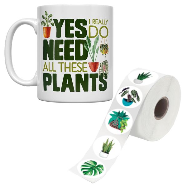 Decor Garden I Need Plants Drinkware Mug &amp; 200 Piece Sticker Roll Set - 400ml