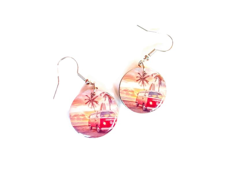 Vintage Surf Palm Trees Sunset Wooden Earrings Gift