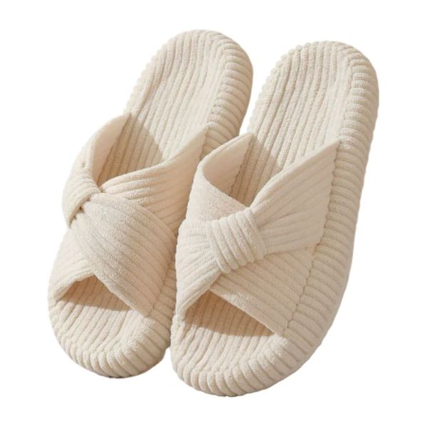 A Pair Soft Cozy Corduroy Slippers,Non-Slip Warm Bedroom Slides, Beige