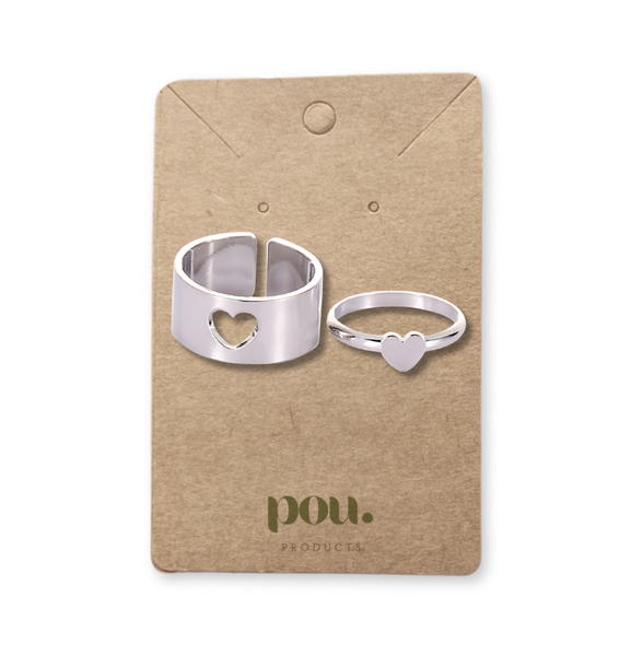 POU Couple and BFF Stainless Steel Adjustable Heart Ring Set - Small