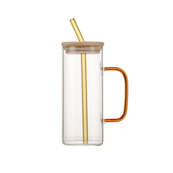 Mug 300ml Square Glass With Wooden Lid and Straw