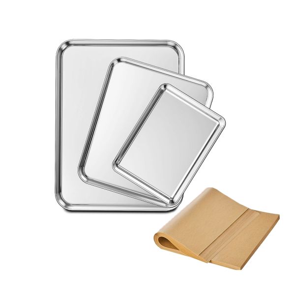 3 Pieces Stainless Steel Baking Pans With 100 pieces Parchment Baking Paper