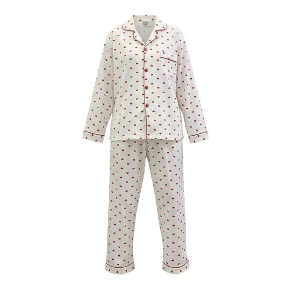 Heart Print Button-Up Pajama Set with Contrast Piping - White