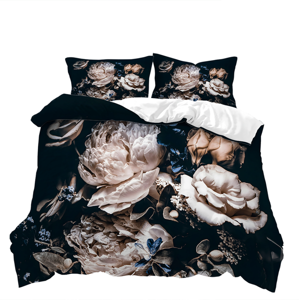 Elegance Roses 3D printed Double bed set Black &amp; White