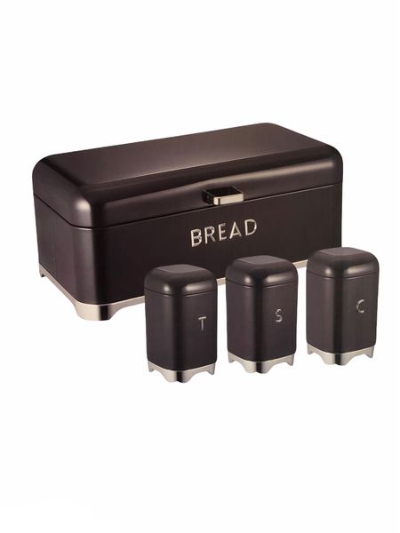 Continental Homeware Black Bread Bin with 3Pcs Canister Set