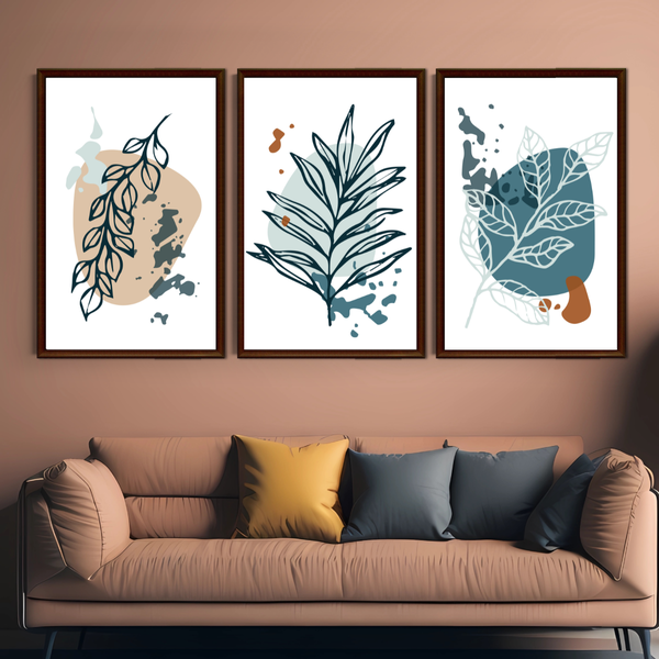 Set of 3 Unframed Wall Art Decor Print - A3 Size (Leaves &amp; Abstract Shapes)