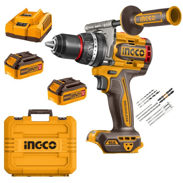 Ingco - Cordless Impact Drill 166Nm with 5.0Ah Battery, Fast Charger &amp; Bits
