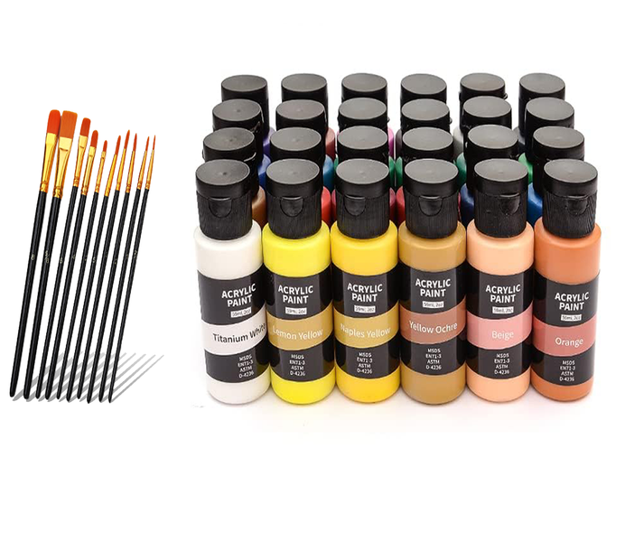 FA PLUS 24 Colors 60ml Acrylic Paint Set with 10pcs Art Brushes