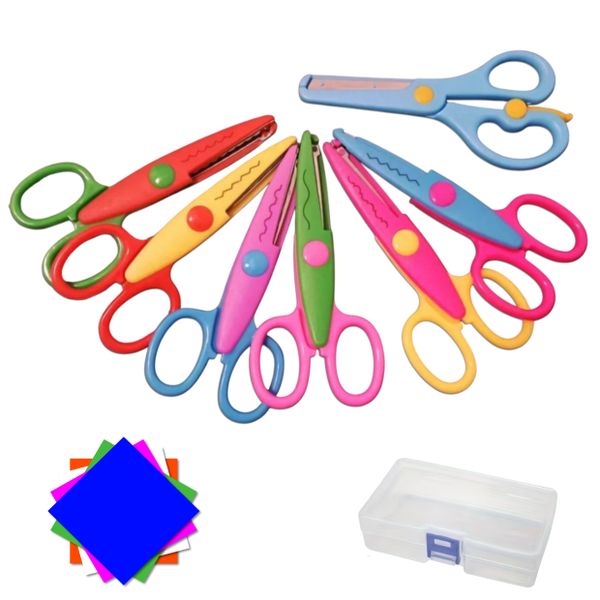 7 Kids Craft Scissor Set with 100 Coloured Papers &amp; Storage Container