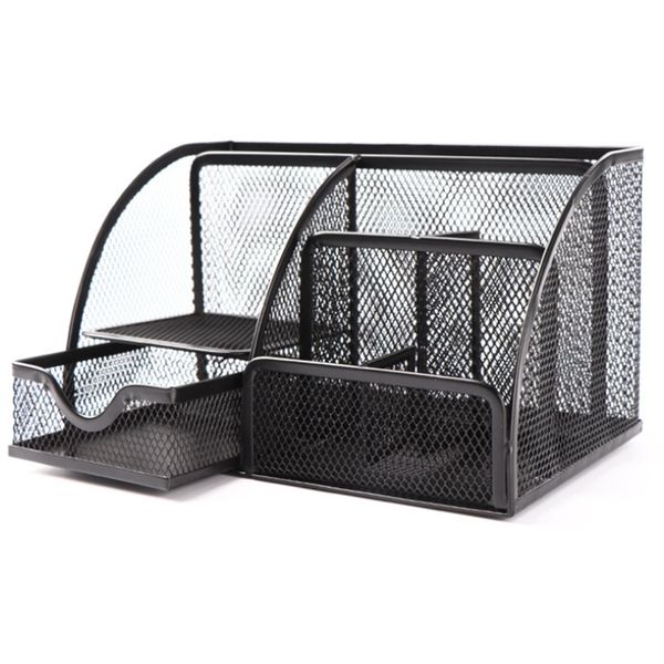 Mesh Desk Organizer Pen Holder With 6 Cells &amp;Drawer Office (1 Pcs)