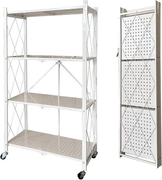 Sulfar 4 Tier Foldable Storage Shelves with Caster Wheels (White)