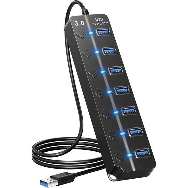 7-Port USB Hub with Individual Switches and Lights Compatible with MacBook
