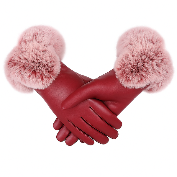 Winter Leather Mitten Gloves for Women - Red