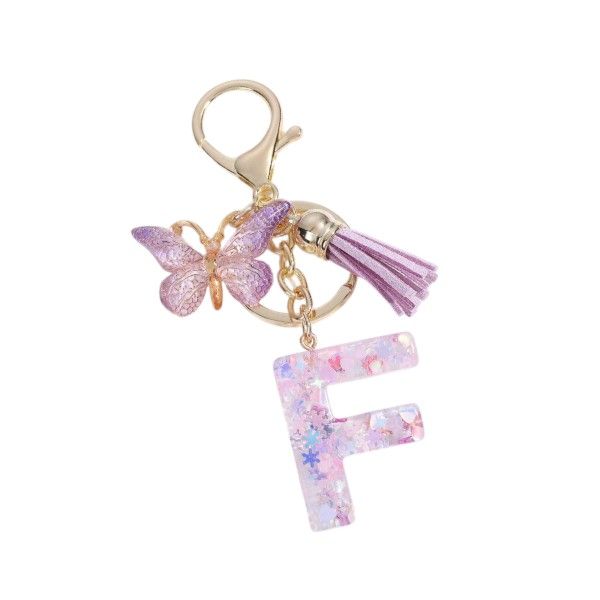 Letter 'F' Keychain With Elegant Butterfly and Tassel Charms - Purple and Gold