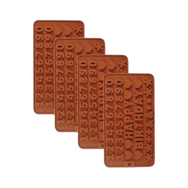 4 Piece- Silicone Mold With Happy Birthday Letters, Numbers and Hearts -Brown