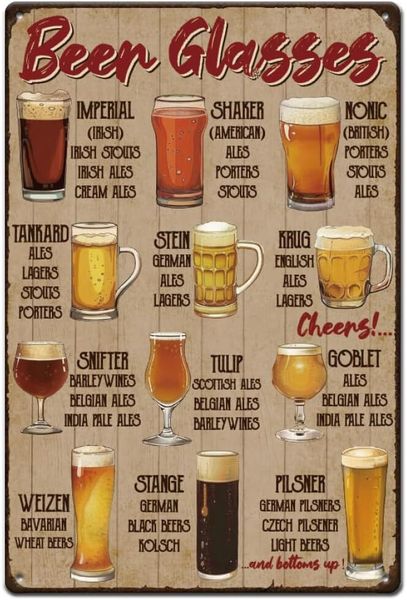 Beer Types Tin Sign, Beer Glass Decor for Bar Playroom Man Cave