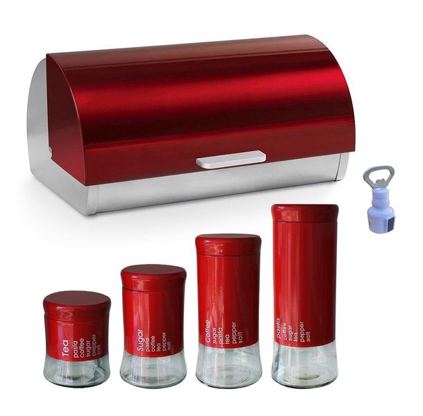 Bread Bin and 4 Canister Set And Bottle Opener