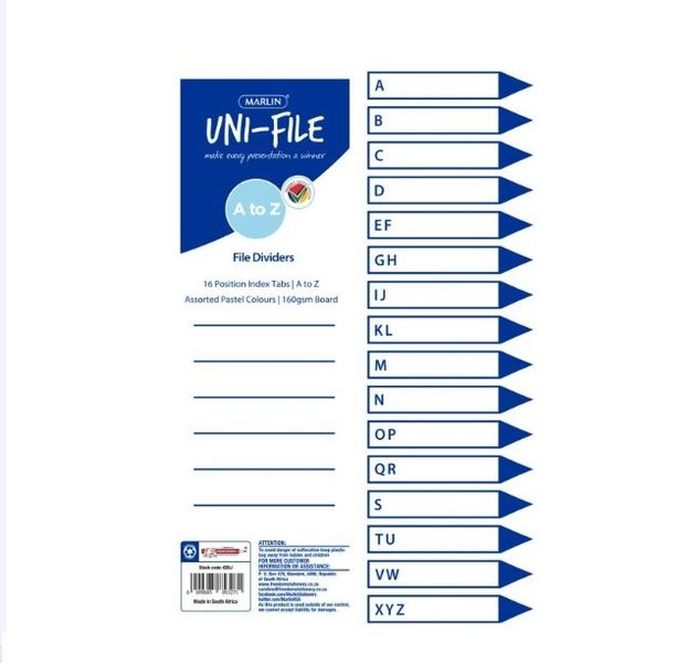 Marlin - File Dividers 160gsm Pastel Board: A To Z 16 Tabs (Pack Of 10)