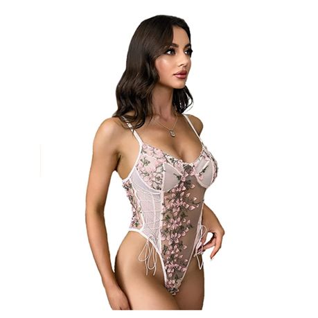 Women PinkPEmbroidery Mesh Lace Up Underwire Lingerie Bodysuit