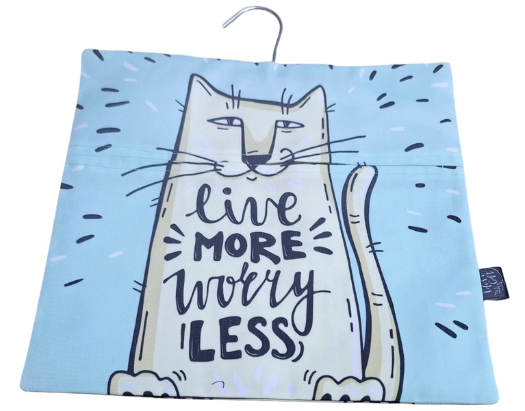 Laundry Peg Bag - Live More Worry Less White Cat on Blue