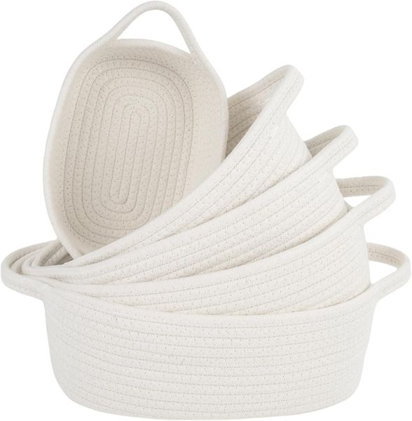 Storage Shelf Basket Set, Natural Cotton Rope Woven Basket with Handles