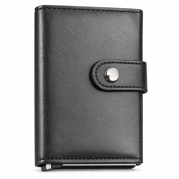 RFID PU Leather Multi-Slot Card Holder Wallet with Button Closure - Black