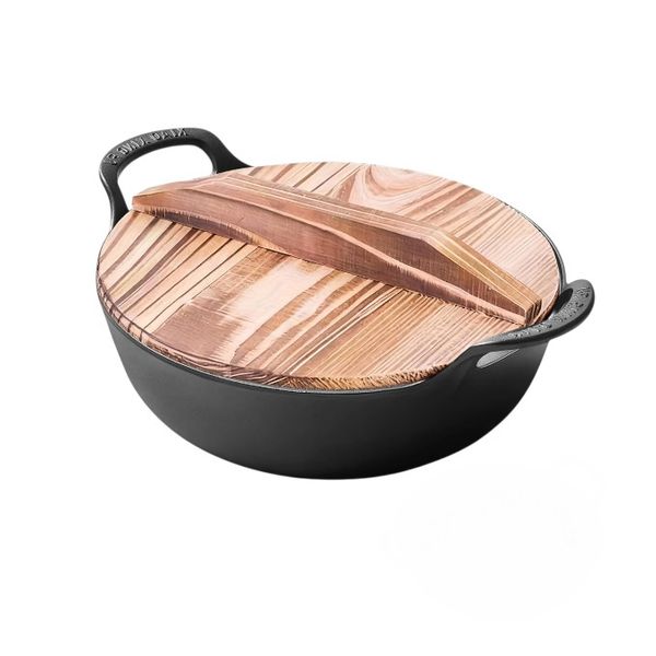 Non-Stick Uncoated Cast Iron Wooden Lid Dual Handles, Black Cookware Pot